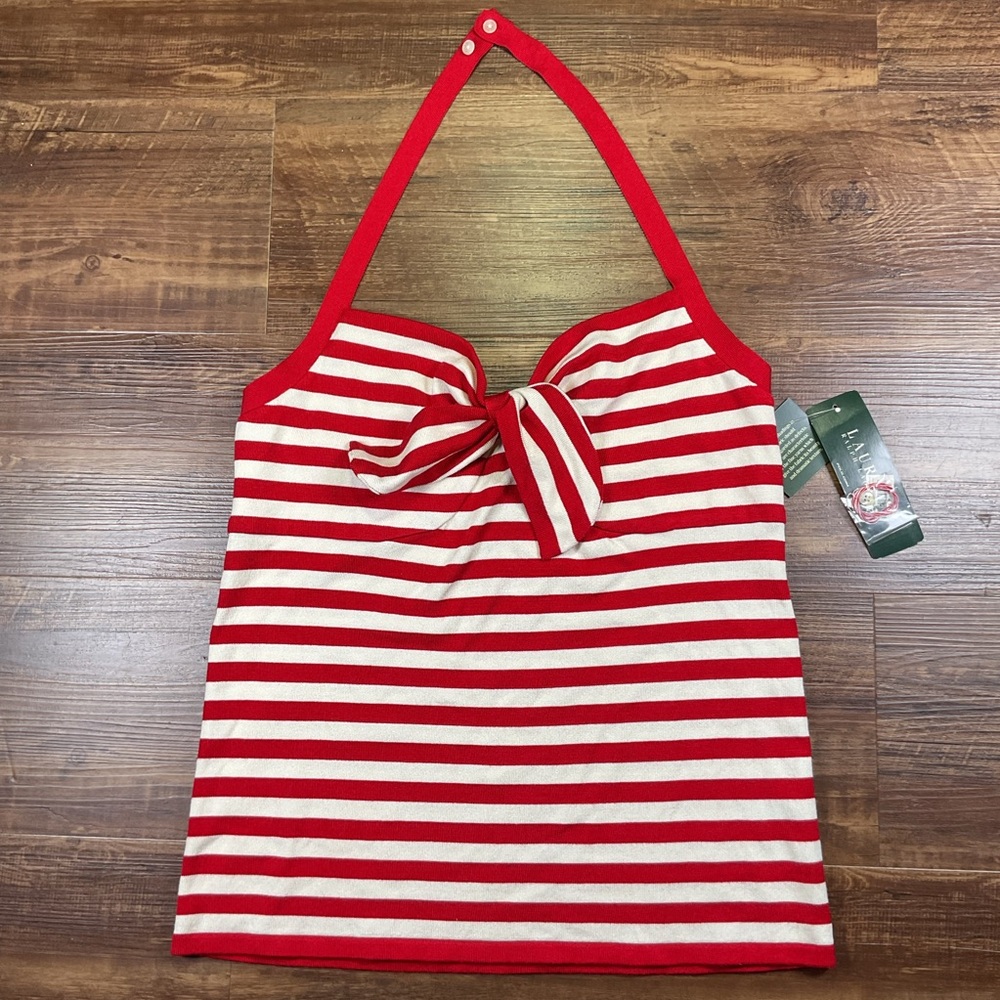 Lauren Ralph Lauren Halter Top Womens L Red White Stripe Silk Blend NWT Nautical